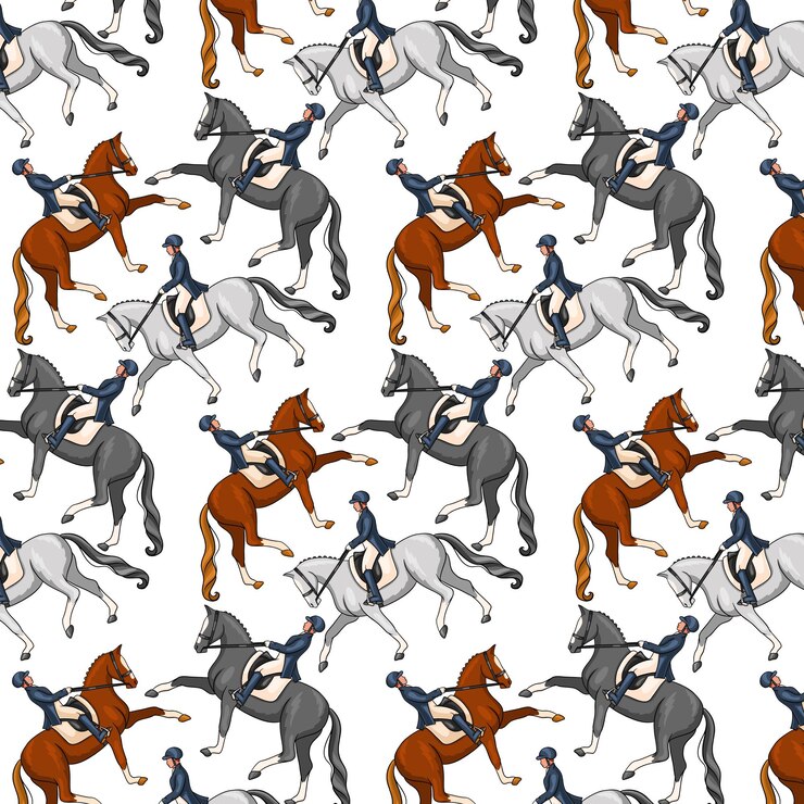Cavalgando. Padrão uniforme. Padrão com cavalos. Mulher cavalgando um cavalo. Desenho animado.