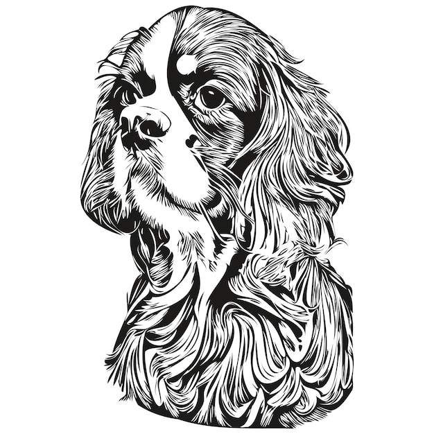 Vetor cavalier king charles spaniels logotipo do cachorro desenhado à mão arte de linha vetorial desenhando ilustração de animais de estimação em preto e branco