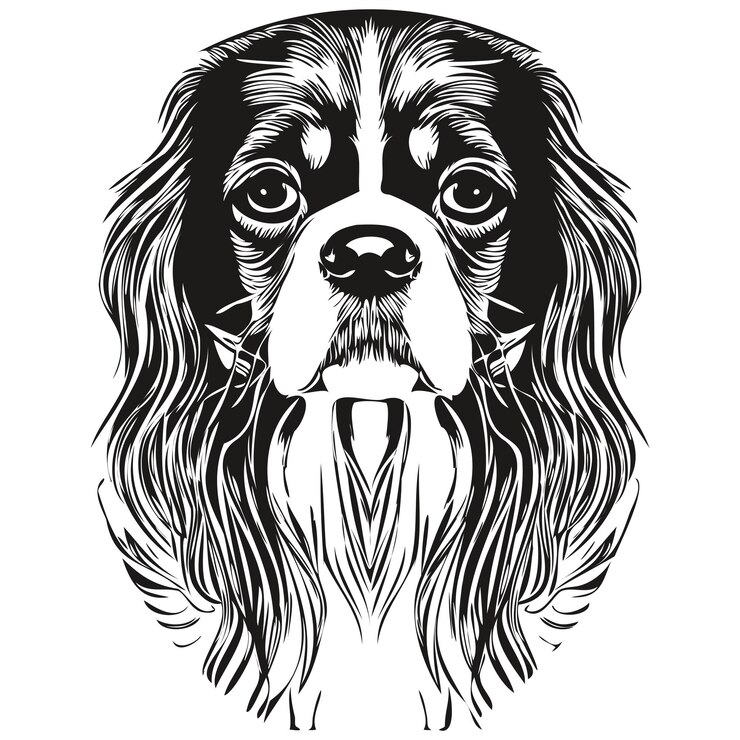 Vetor cavalier king charles spaniels logotipo do cachorro desenhado à mão arte de linha vetorial desenhando ilustração de animais de estimação em preto e branco