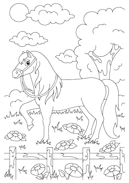 Cavalo bonito animal de fazenda página de livro para colorir para crianças