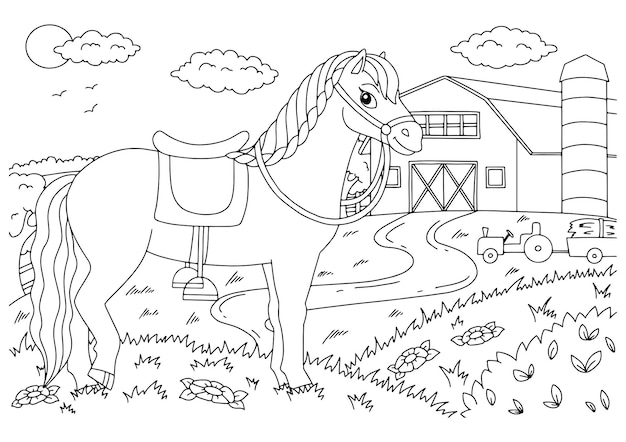 Cavalo bonito Animal de fazenda Página de livro para colorir para crianças