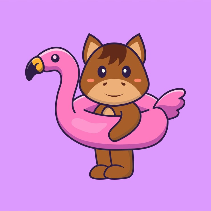 Vetor cavalo bonito com bóia flamingo. conceito de desenho animado animal isolado