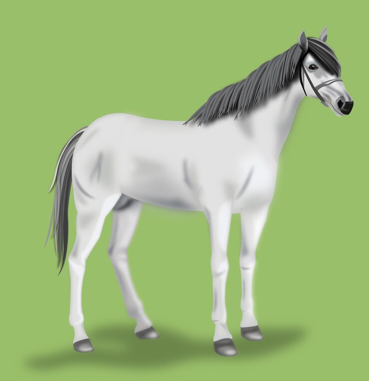 Vetor cavalo branco com cabelo preto e cauda longa e reta também com quatro pernas longas