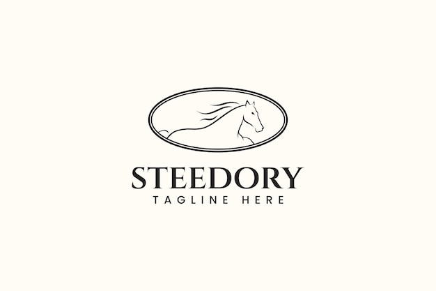 Vetor cavalo com moldura oval linha estilo de arte elegante modelo de design de logotipo