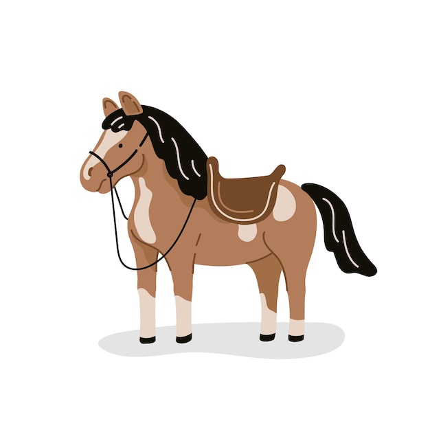 Cavalo de desenho animado com manchas castanhas com sela Ilustração vetorial plana isolada em fundo branco