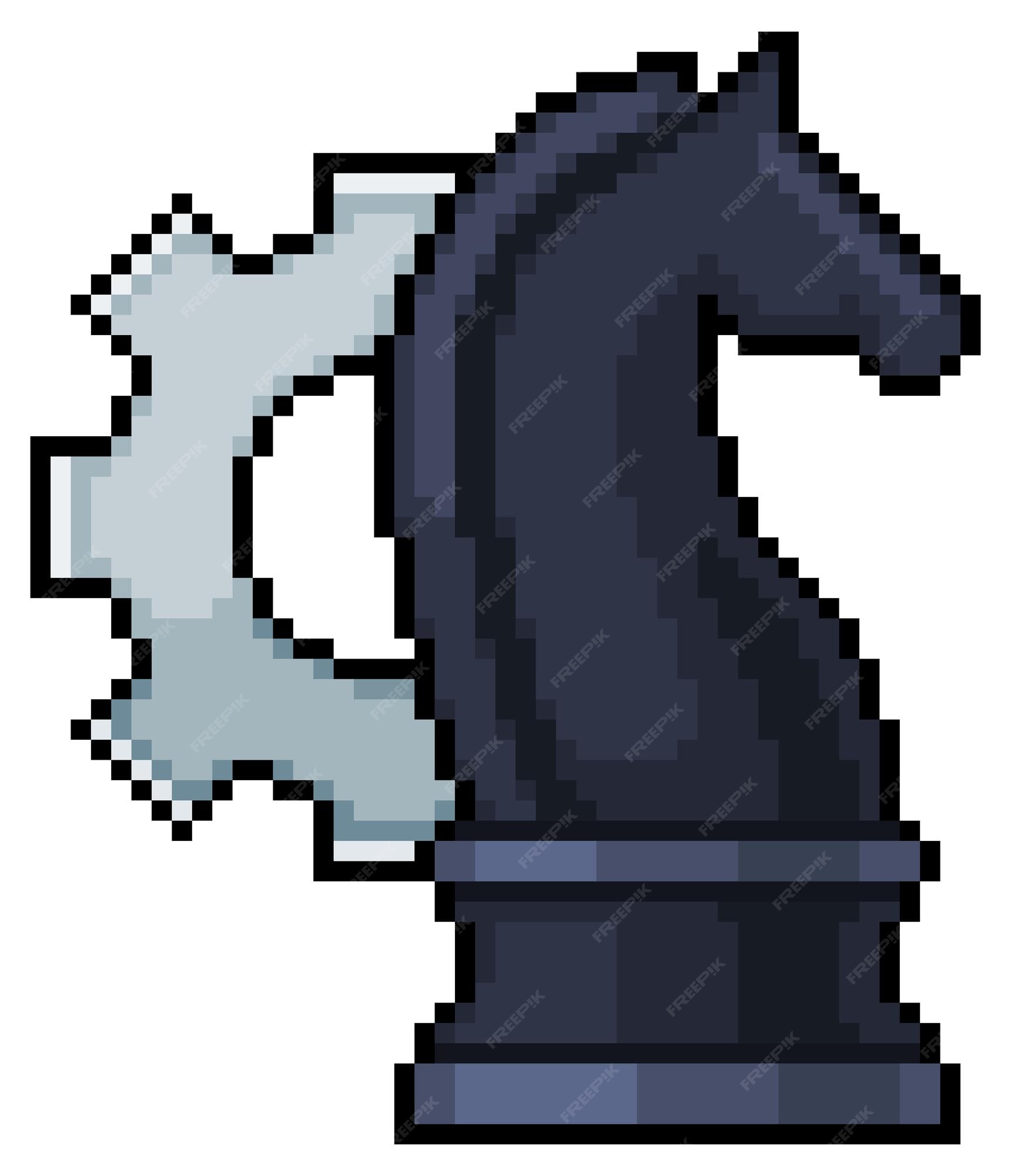 Cavalo e engrenagem de xadrez de pixel art. ícone de vetor de estratégias  de negócios para jogo de 8 bits em fundo branco