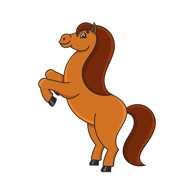 Cavalo empinado o animal da fazenda fica nas patas traseiras estilo de desenho animado simples ilustração vetorial plana