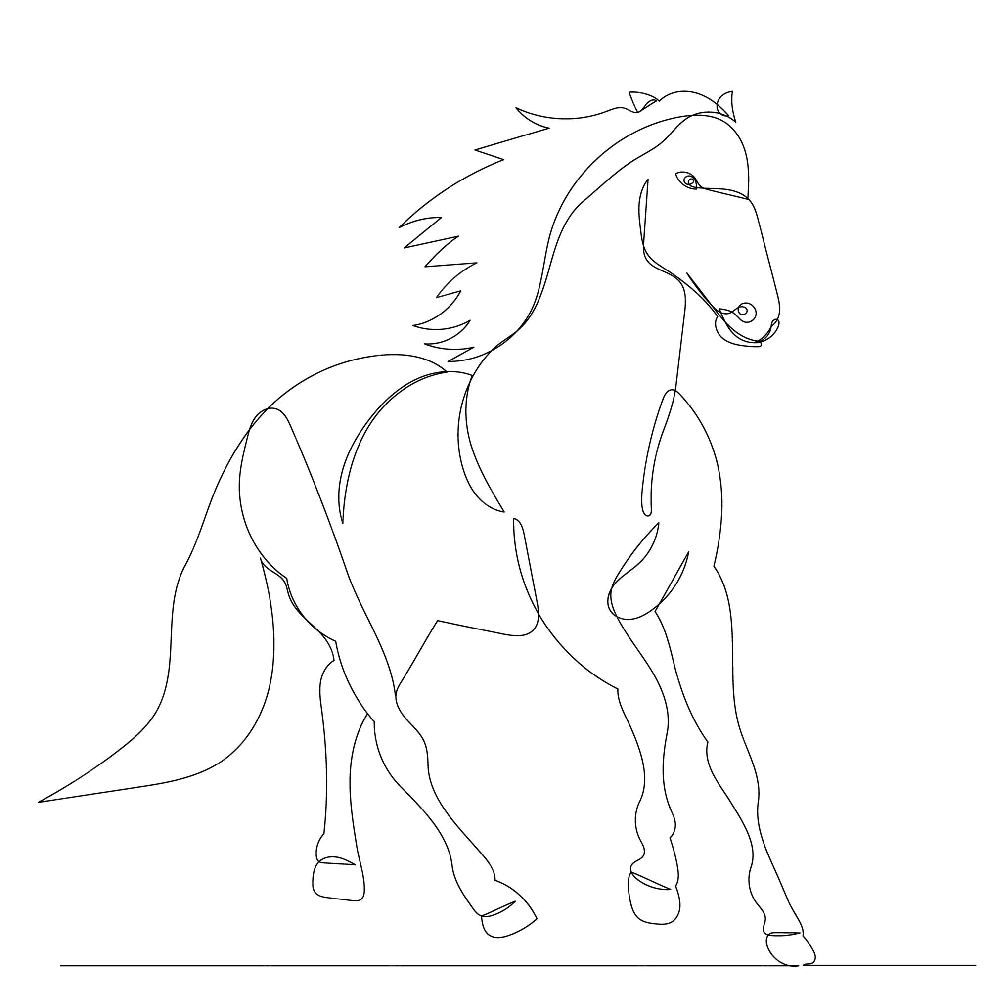 único desenho de linha contínua orgulhoso cavalo branco anda graciosamente  com seu casco dianteiro para a