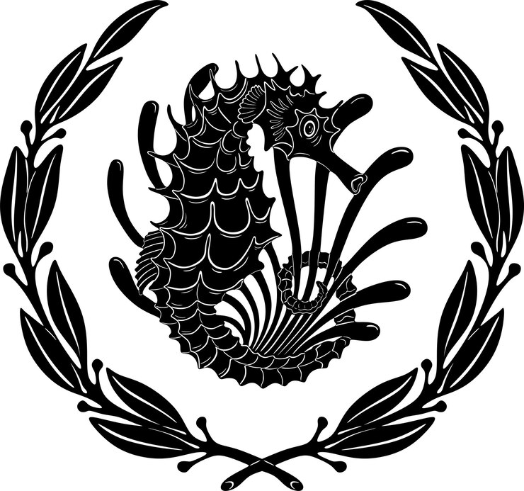 Vetor cavalo-marinho peixe preto design com moldura floral modelo de silhueta artesanal 16