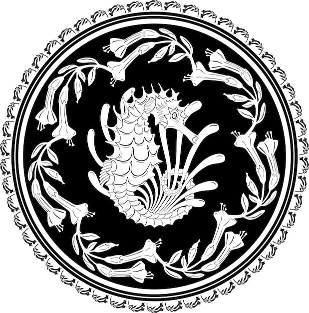 cavalo-marinho peixe preto design com moldura floral modelo de silhueta artesanal 3