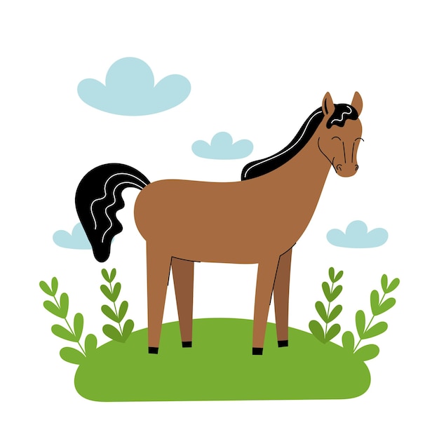 Cavalo marrom bonito fica em um prado. animais da fazenda dos desenhos animados, agricultura, rústico. ilustração em vetor simples plana em fundo branco com nuvens azuis e grama verde.