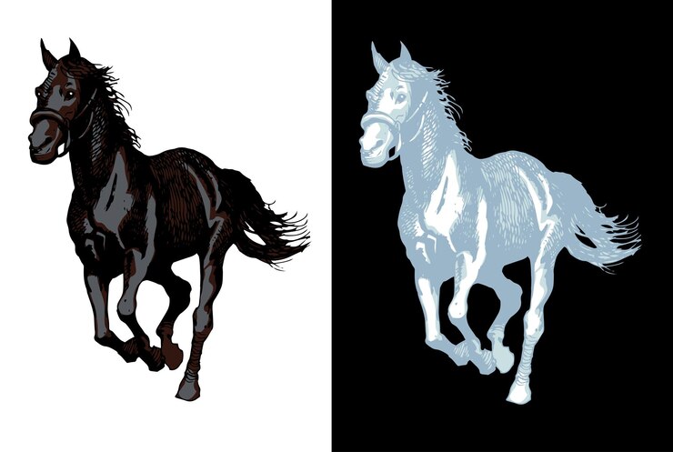 Vetor cavalo mustang em movimento cavalo na gravura de estilo de contorno de arte