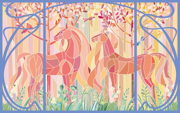 Cavalos de vitrais de manchas coloridas no quadro do estilo Art Nouveau Tons delicados de verde laranja rosa