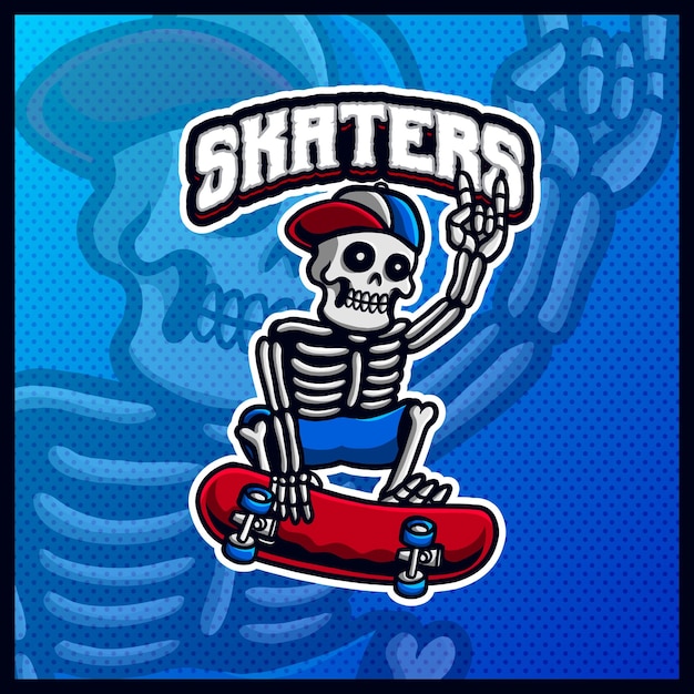 Vetor caveira andando de skate mascote esport modelo de ilustrações de design de logotipo, logotipo de skatistas para flâmula de jogo de equipe youtuber banner twitch discord, estilo cartoon em cores