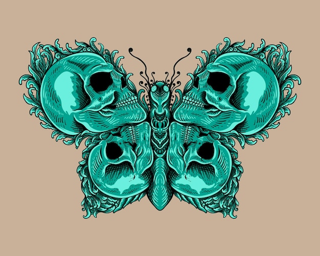 caveira com ornamento estilo borboleta preto e branco