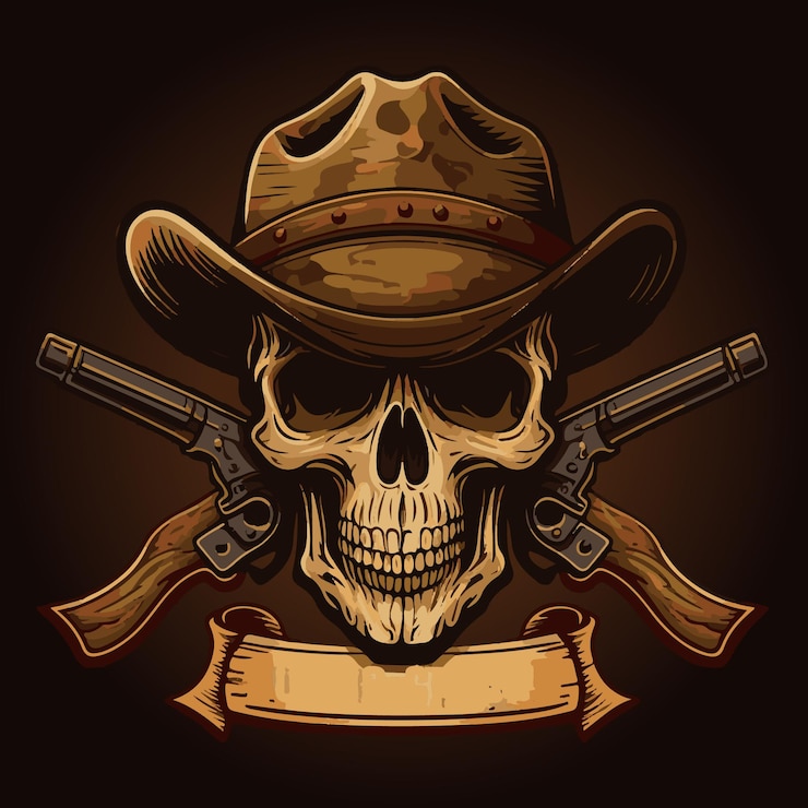 Vetor caveira de cowboy com chapéu e pistolas ao fundo, ilustração de exibição de título de caveira