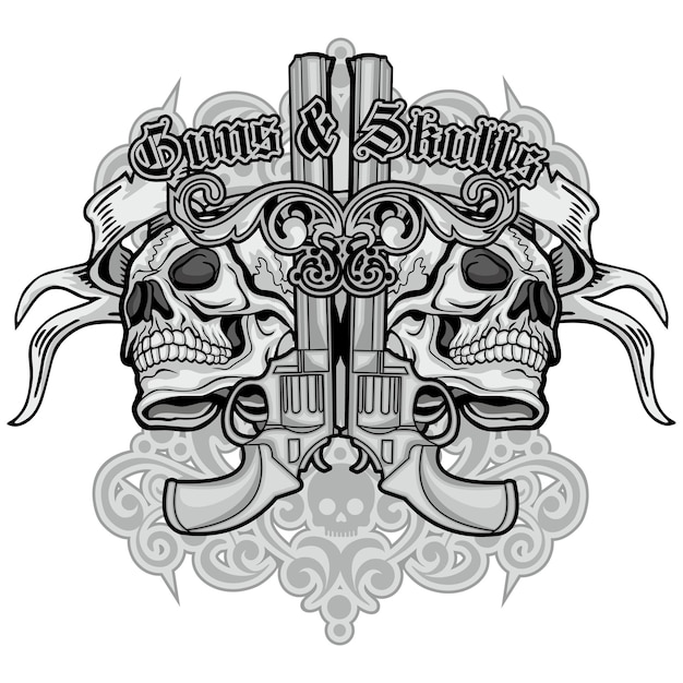 caveira de cowboy e revólveres, camisetas de design vintage grunge