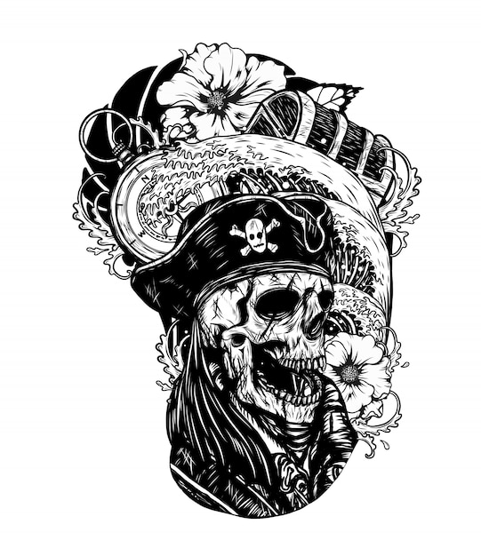 Caveira de pirata com tatuagem de vetor de navio à mão de desenho.