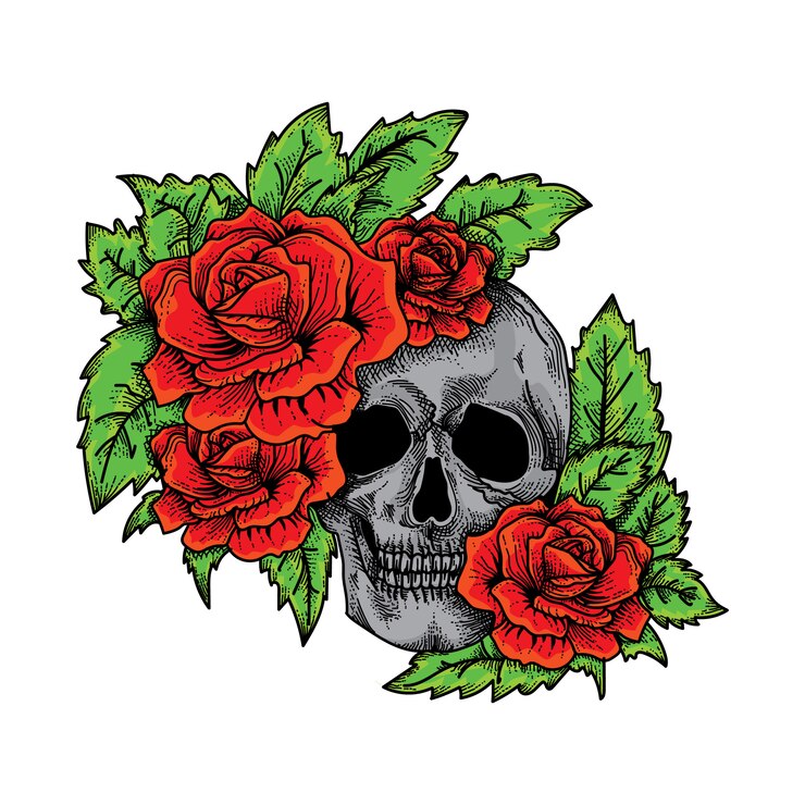 Vetor caveira e rosas