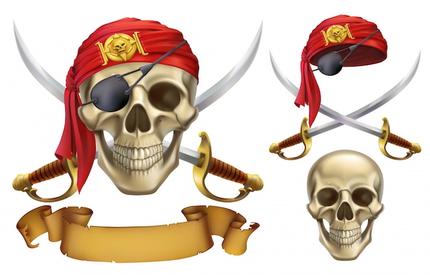 Caveira e sabres. Emblema de pirata. Conjunto 3d