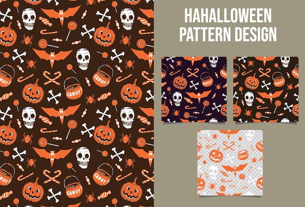 Caveira, flâmula, ossos, morcegos e doces com padrão de Halloween