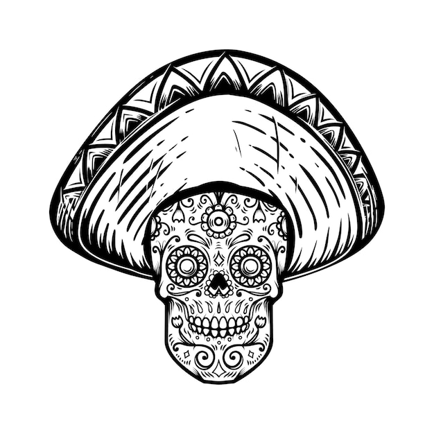 Caveira mexicana de açúcar em sombrero. tema do dia dos mortos. elemento de design para cartaz, camiseta, emblema, sinal. ilustração vetorial