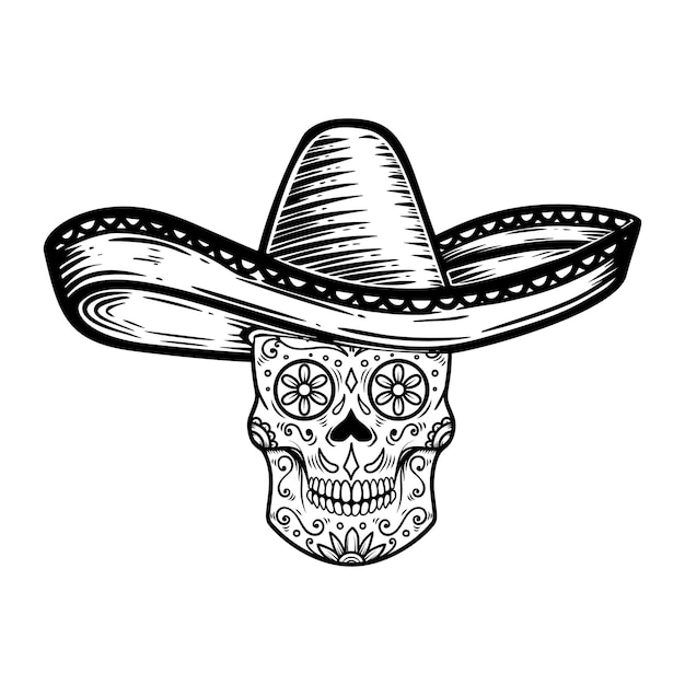 Caveira mexicana de açúcar em sombrero. tema do dia dos mortos. elemento de design para cartaz, camiseta, emblema, sinal.