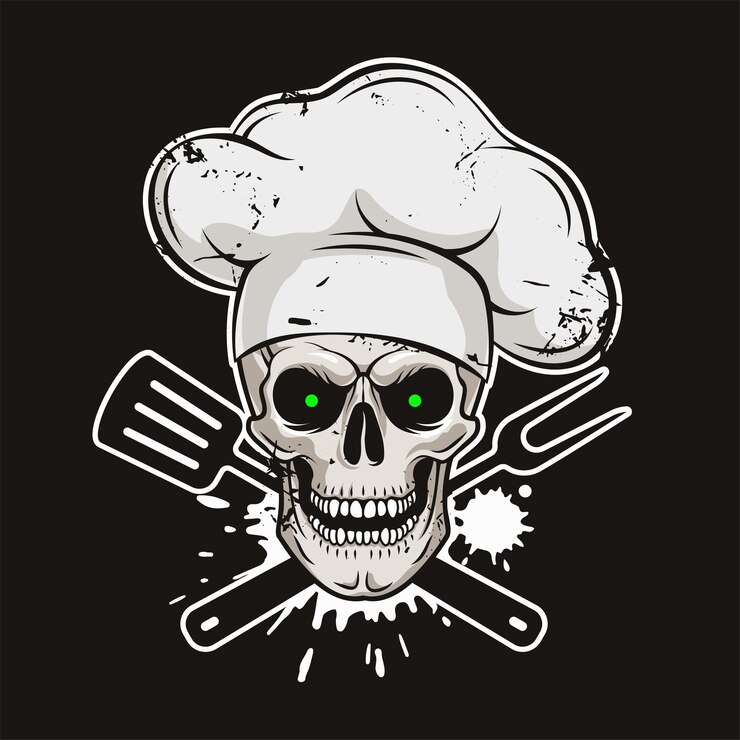 Vetor caveira sorridente com chapéu de chef e ferramentas de churrasco cruzadas
