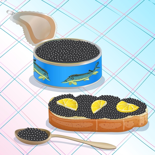 Vetor caviar preto de peixe esturjão lata com pão de caviar preto com manteiga e caviar preto