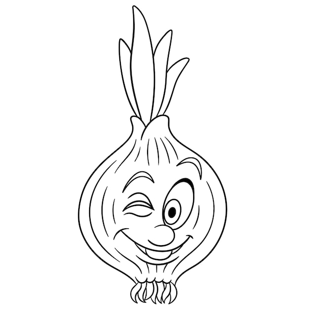 Cebola bonito piscando. cara de emoji de comida engraçada dos desenhos animados. desenho infantil para colorir.