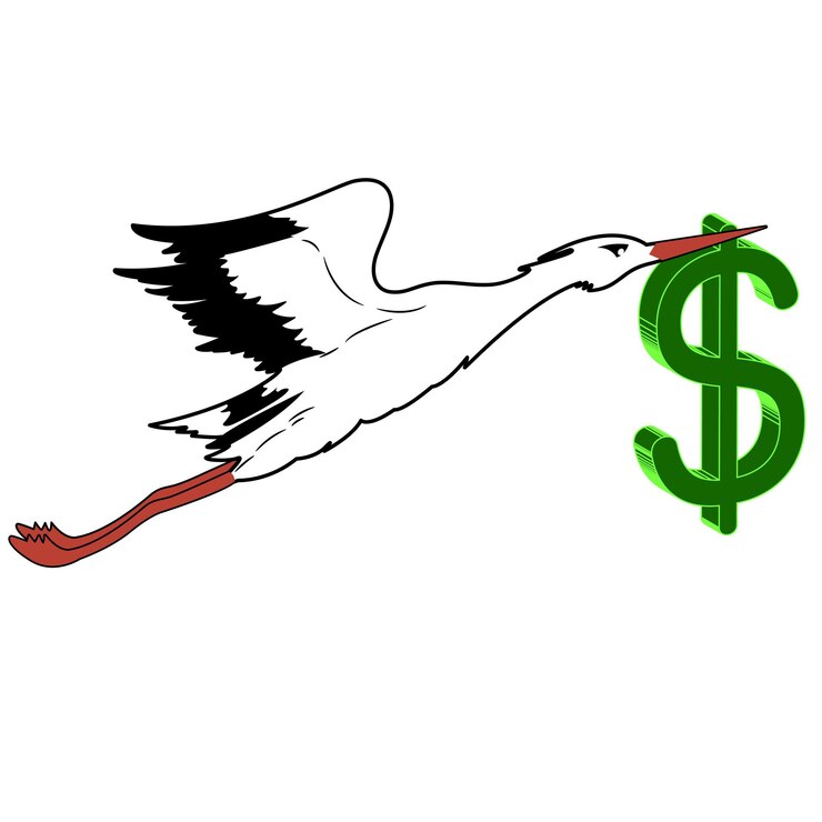 Vetor cegonha-branca com em voo o dólar no bico