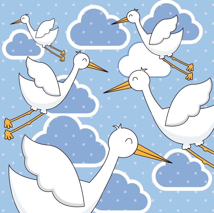 Vetor cegonhas fofos sobre ilustração em vetor fundo céu