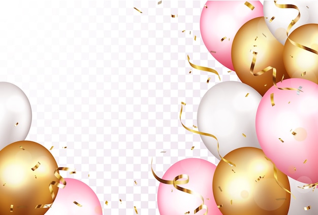 Celebração com confetes e balões dourados