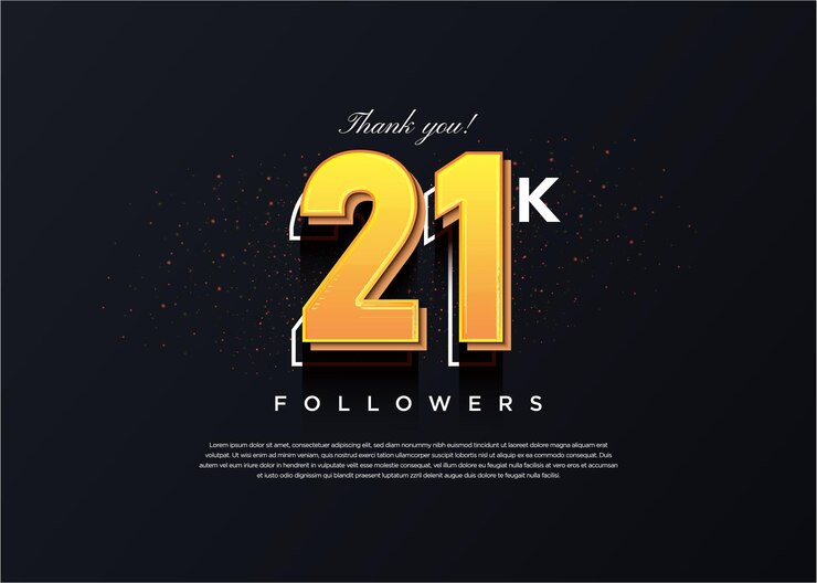 Vetor celebração de 21 mil seguidores com cor roxa e design de fundo com brilho dourado vetor premium