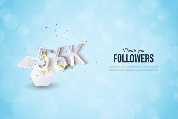 Celebração de 56 mil seguidores com ilustração de números saindo de uma caixa de presente