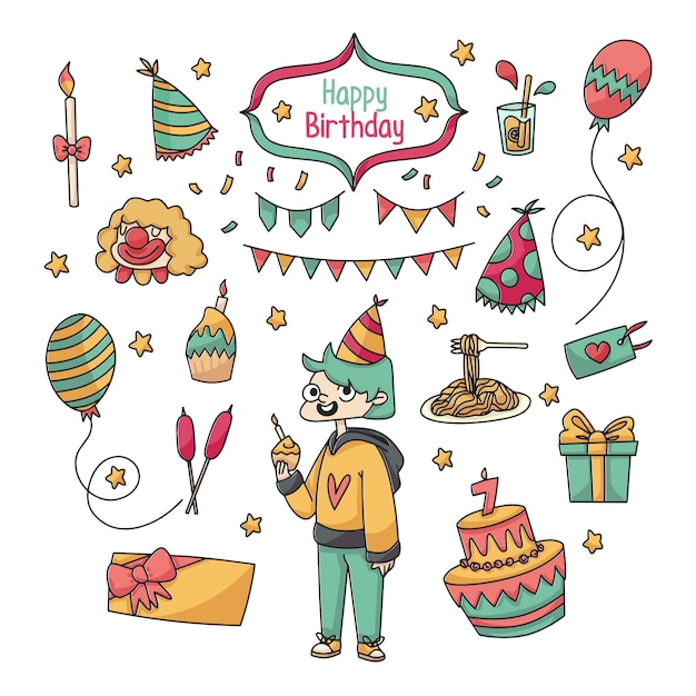 Celebração de aniversário bonito doodle coleção