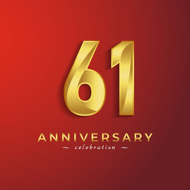 Celebração de aniversário de 61 anos com cor brilhante dourada para celebração isolada em fundo vermelho