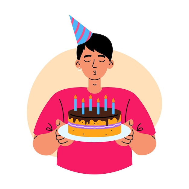 Vetor celebração de aniversário jovem soprando velas no bolo festivo conceito de aniversário surpresa