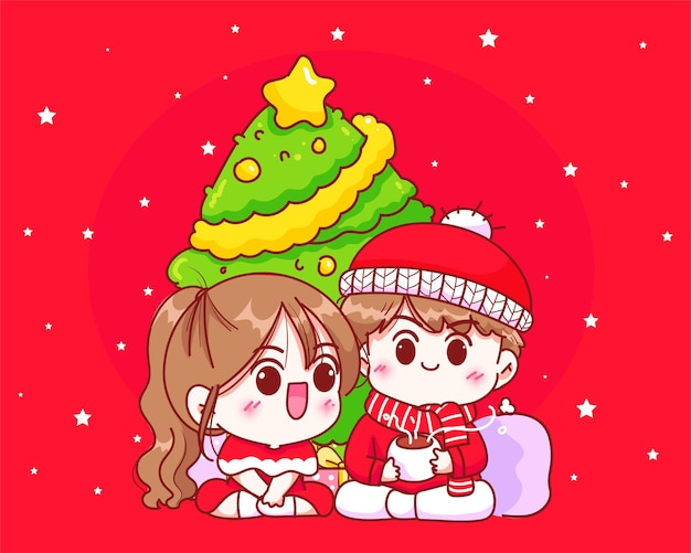 Celebração de casal sob a árvore de Natal no feriado de Natal desenhado à mão ilustração da arte dos desenhos animados