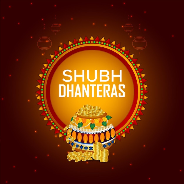 Celebração de dhanteras e feliz banner de celebração de diwali com moeda de ouro