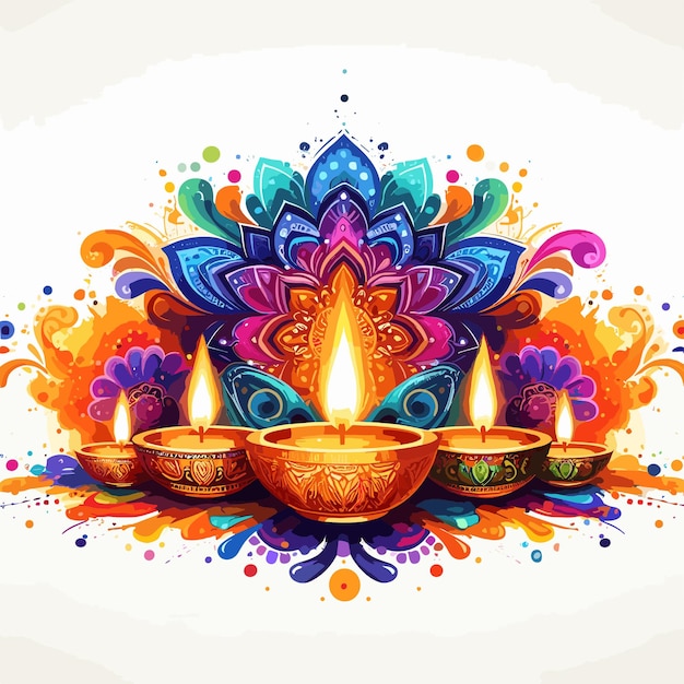 Celebração de diwali ilustração colorida de mandala e lit diyas