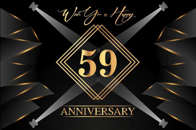 Vetor celebração de feliz aniversário de 59 anos design de logotipo dourado de luxo com linhas de cores douradas elegantes