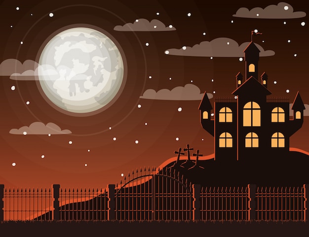 Celebração de Halloween com cena de cemitério e castelo