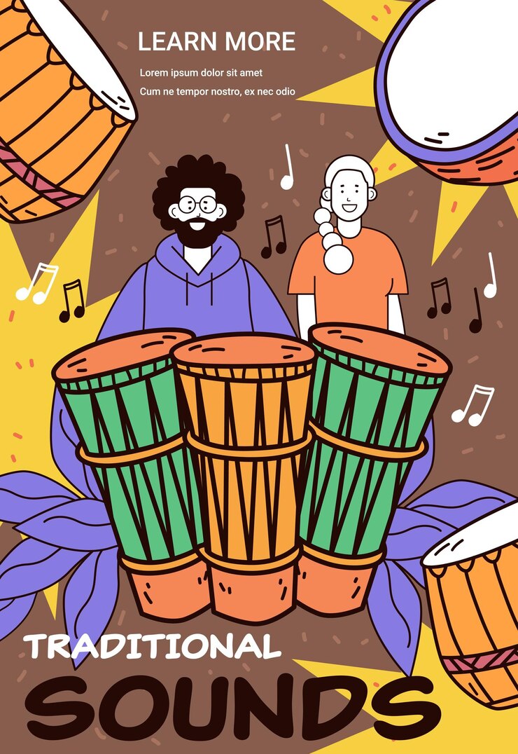 Vetor celebração de música tradicional com tambores e pessoas cores vibrantes notas musicais layout dinâmico