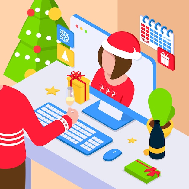 Celebração de natal online. ilustração em vetor