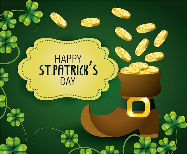 Celebração de st patrick com rótulo e bota com moedas