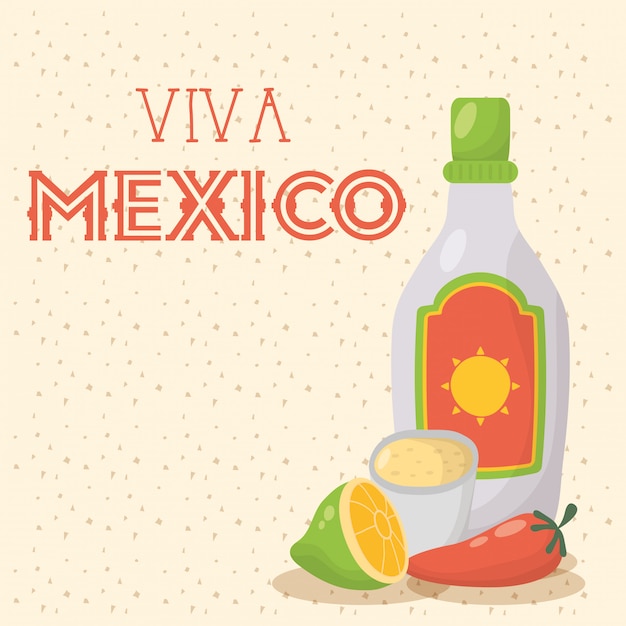 Celebração de viva méxico com garrafa de tequila