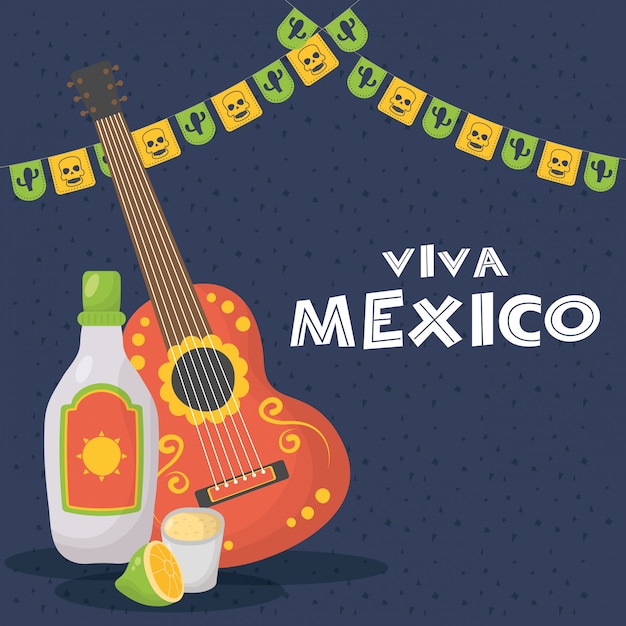 Celebração de viva méxico com guitarra e tequila