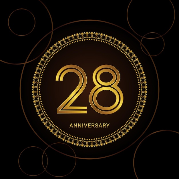 Vetor celebração do 28º aniversário com texto dourado e anel modelo de vetor de aniversário de ouro