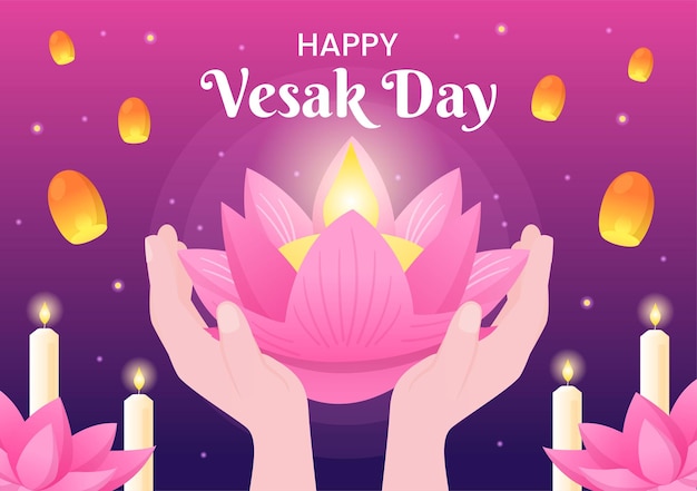 Celebração do dia de vesak com lanterna de silhueta de templo ou decoração de flor de lótus na ilustração